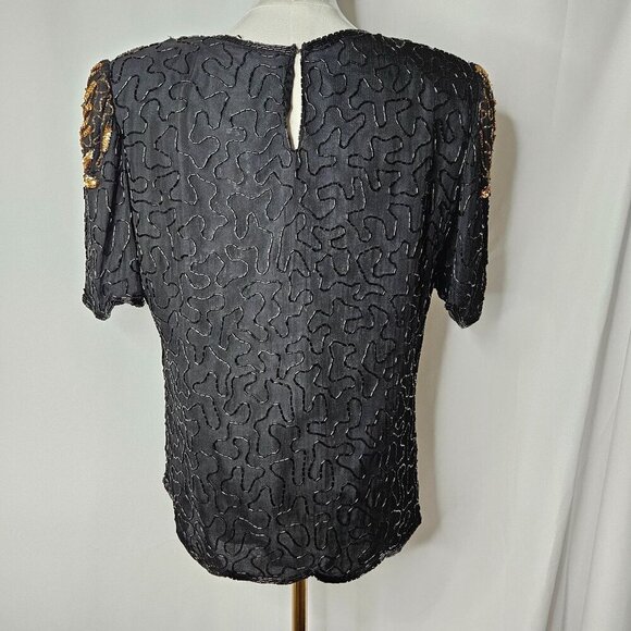 Vintage Denise Elle Black Silk Blouse Peacock Sequins Bling Holidays Party Top - Picture 7 of 12